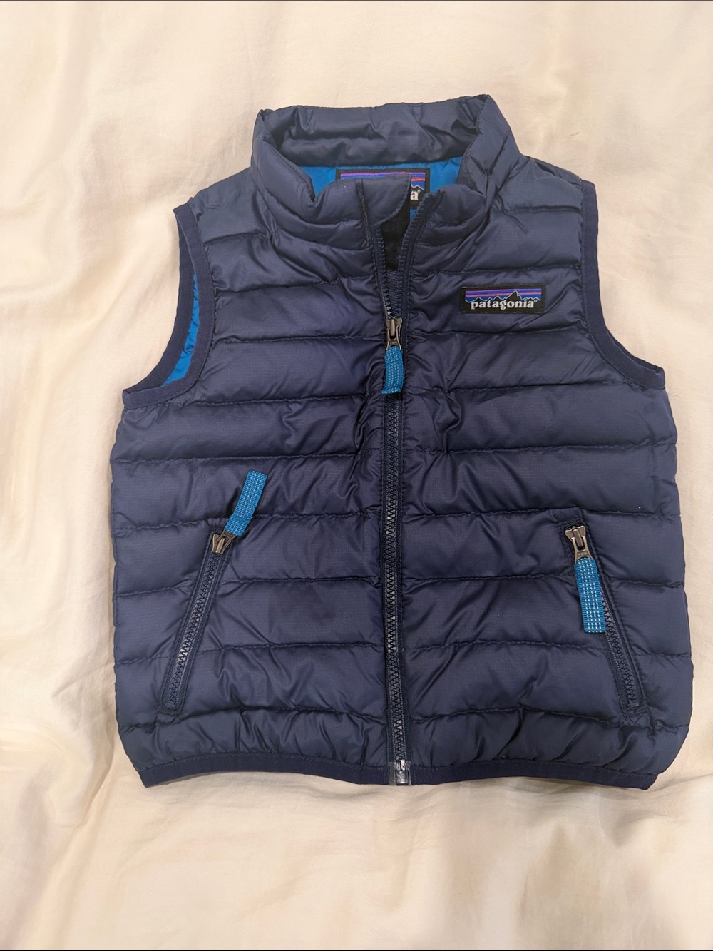 Toddler 12-18 mos Patagonia Navy Puffer Vest with Bright Blue Trim